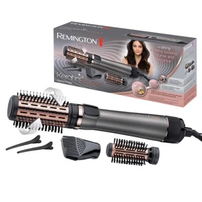 Abbildung von Remington Warmluftbürste rotierend [automatisch] Keratin Protect (inkl.3 Aufsätze: 2 Rundbürsten+Haaransatz Booster für mehr Volumen) + Haarklammern, Keramikbeschichtung mit Mandelöl, AS8811,Grau