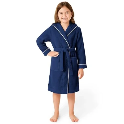 Abbildung von LAYNENBURG Premium Bademantel Kinder &amp; Teenager mit Kapuze 100% Baumwolle OEKO TEX Standard 100 flauschiges Frottee Größe (134/140, Blau)