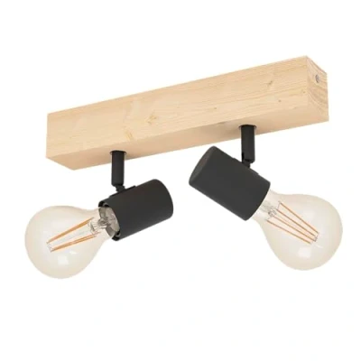 Abbildung von EGLO Deckenlampe Townshend 3, 2 flammiger Vintage Deckenspot im Industrial Design, Retro Lampe aus Stahl und Holz, schwarz, braun, E27 Fassung, FSC zertifiziert