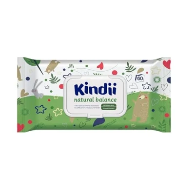 Abbildung von Kindii Feuchttücher für Babys und Kinder Natural Balance schützende, feuchtigkeitsspendende, regenerierende Wirkung zarter Duft mit Allantoin, Emollients Aloe Vera neutraler pH Wert 60 Stk