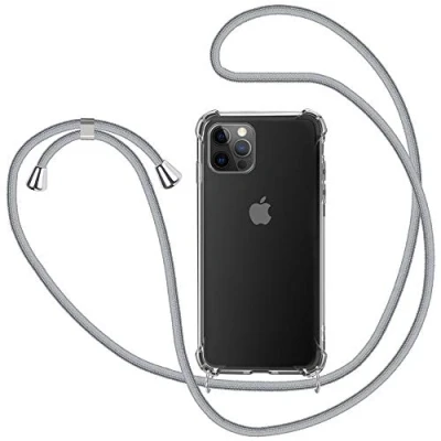 Abbildung von XTCASE Handykette kompatibel mit iPhone 12 / Pro Handyhülle, Smartphone Necklace Hülle Band Transparent Schutzhülle Stossfest Schnur Case zum Umhängen in Grau