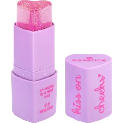 Abbildung von essence kiss on cheeks pH reacting lip &amp; cheek stick, Lippenstift, Nr. 01, Pink, farbanpassend, natürlich, vegan, ohne Parabene, Mikroplastikpartikel, Nanopartikel frei, 1er Pack (4.5g)