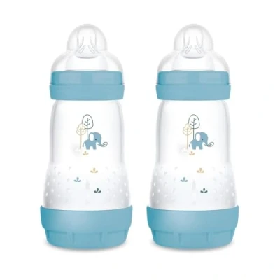 Abbildung von MAM Easy Start Anti Colic Babyflasche im 2er Set (260 ml), besonders gut akzeptierte Milchflasche, Baby Trinkflasche mit Bodenventil gegen Koliken &amp; Sauger Größe 1, 0+ Monate, Elefant