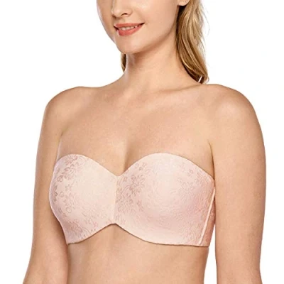 Abbildung von DELIMIRA Damen Jacquard Trägerloser BH Große Größen mit Bügel Bandeau ohne Träger Polster für Dirndl Aprikosenrosa 75A