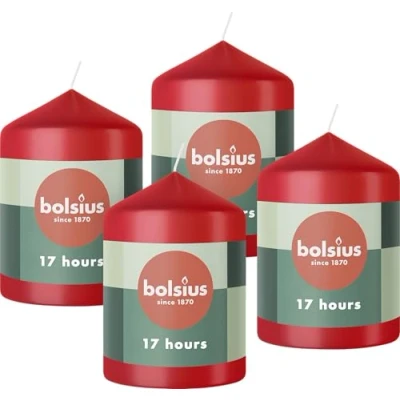 Abbildung von Bolsius Glatte Stumpenkerzen Rot 4 Stück 8 x 6 cm Dekorative Haushaltkerzen Länge Brenndauer 17 Stunden Unparfümierte Enthält Natürliches Pflanzenwachs Ohne Palmöl Valentinstag