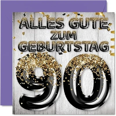 Abbildung von Stuff4 90. Geburtstagskarte für Männer Schwarz Gold Glitzerballons Alles Gute zum Geburtstagskarten 90 Jährige Mann Papa Urgroßvater Opa, 145mm Neunzig Neunzigster Geburtstag Grußkarten