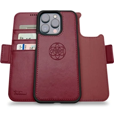 Abbildung von Dreem Fibonacci iPhone 14 Pro Geldbörsen Hülle / 2 in 1 Stoßfestes MagSafe Case und abnehmbares Luxus Vegan Leder Folio mit RFID Kartenschutz Ständer; für Frauen Männer Burgundisch