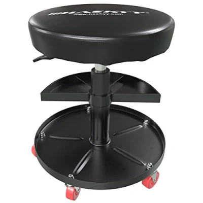 Abbildung von HASKYY Werkstatthocker Rollhocker Höhe 430 580mm I Sitz Geleinlage Werkstatt Arbeits Hocker Stuhl 135kg ø40 cm 2 Ablagen