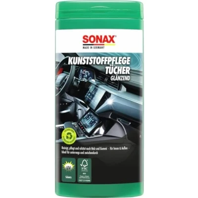 Abbildung von SONAX KunststoffPflegeTücher glänzend Box (25 Stück) Feuchte Tücher reinigen, pflegen und verleihen Glanz in einem Arbeitsgang Art Nr. 04121000