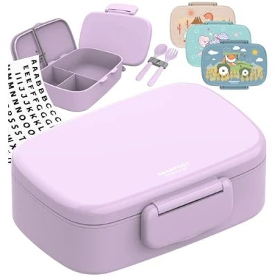 Abbildung von BEARFOOT Brotdose Kinder mit Fächern, BPA frei, Lunchbox, Bento box, Brotbox, Mädchen &amp; Jungen, Snackbox, 100% auslaufsicher, Vesperbox für Kindergarten, Schule (Lila)