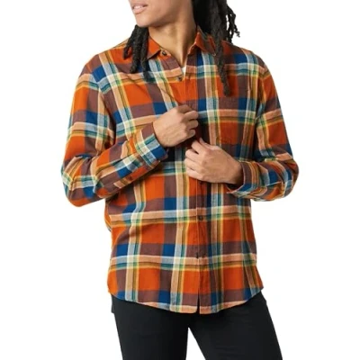 Abbildung von Amazon Essentials Herren Langarmhemd aus Flanell (in Übergröße erhältlich), Blau Rostfarben Orange Karomuster, XL