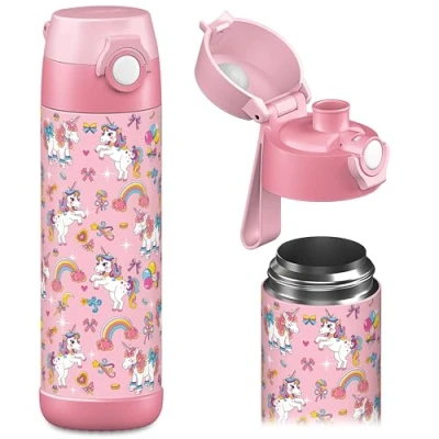 Abbildung von JARLSON® Trinkflasche Kinder &quot;MALI&quot; Thermo Edelstahl Wasserflasche BPA frei auslaufsicher Kinderflasche mit Chug Deckel Flasche für Schule, Kindergarten 350ml (Einhorn, 500 ml)