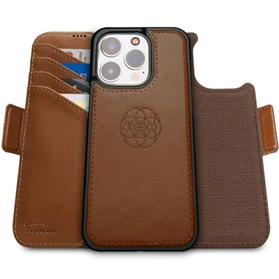 Abbildung von Dreem Fibonacci kompatibel mit iPhone 15 Pro Max Brieftaschen Etui / 2 in 1 stoßfestes und abnehmbares Folio aus veganem Leder, MagSafe kompatibel, RFID Schutz [Schokolade]