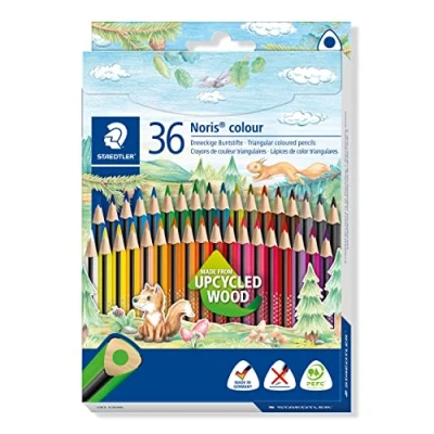 Abbildung von STAEDTLER Buntstifte Noris colour, ergonomisches Dreikantformat, rutschfeste Soft Oberfläche, hohe Bruchfestigkeit, Made form Upcycled Wood, 36 Farbstifte im Kartonetui, 187 CD36