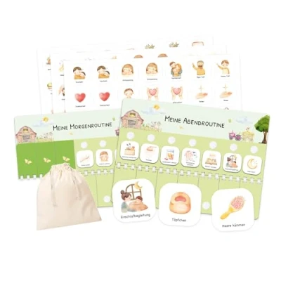 Abbildung von Routine Planer Kinder für Morgenroutine und Abendroutine Routineplaner, Tagesplan mit Klett Punkten 105 Symbolkärtchen, Montessori Planer, Routinehilfe zum Umklappen (Bauernhof)
