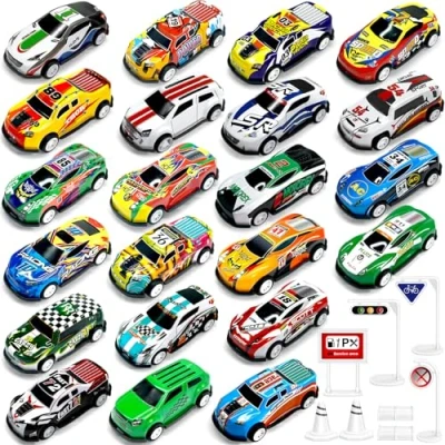 Abbildung von TOYABI Matchbox Auto Set, Spielzeugautos, 22Pcs Metall Spielzeug mit 8 Straßensperre, 1:64 Zurückziehen, Geschenk für Kinder