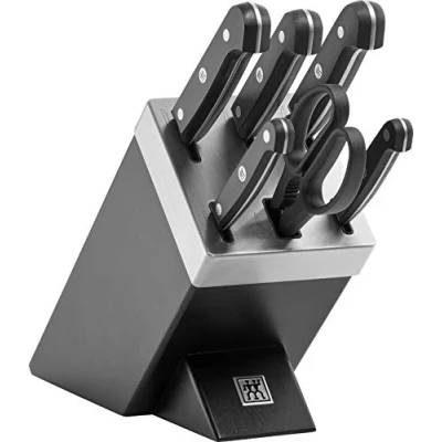 Abbildung von ZWILLING Gourmet Selbstschärfender Messerblock, 7 teilig, Messerset und Schere aus rostfreiem Spezialstahl/Kunststoff Griff, Schwarz [Made in Germany]