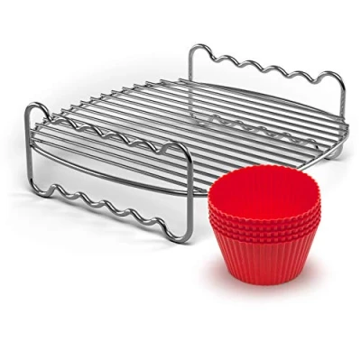 Abbildung von Philips HD9904/01 Party Kit für Airfryer (Grillrost und Muffinförmchen), Edelstahl/Rot