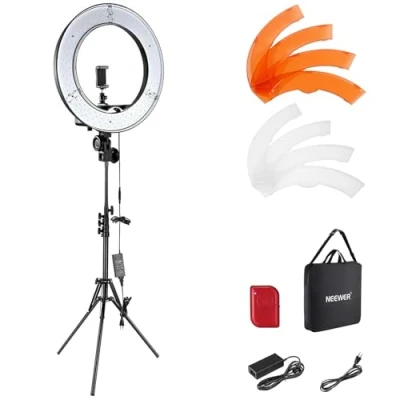 Abbildung von NEEWER Ringlicht mit Stativ Set: 18 Zoll/45cm Außen 55W 5600K Dimmbare LED Ringleuchte Bluetooth Fernbedienung für Handy/Kamera YouTube TikTok Self Porträt Foto, Tätowierer, Make up, Salons