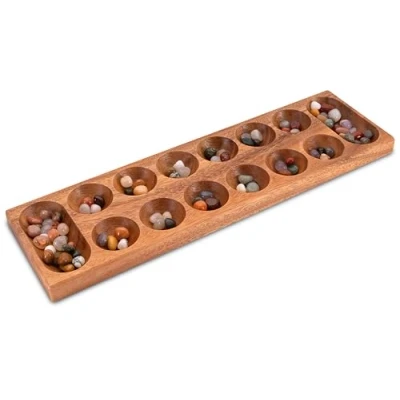 Abbildung von LOGOPLAY Kalaha Spiel für 2 Spieler mit Stoffbeutel Spielfeld 13 x 44 cm Hus Bao Edelsteinen