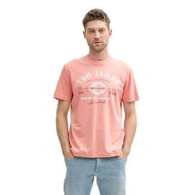 Abbildung von TOM TAILOR Herren 1037735 T Shirt aus Baumwolle mit Logo Print, 12642 Hazy Coral Rose, M