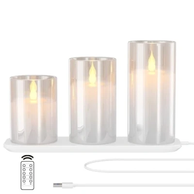 Abbildung von EXTSUD LED kerzen Flackernde Flamme mit Ladestation und Fernbedienung,3er Set Elektrische aus Glas Wiederaufladbare Wassertropfer Kerzenlicht Timerfunktion Weiß