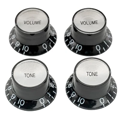 Abbildung von Musiclily Pro Metrische Gitarre Knöpfe Potiknöpfe Top Hat Bell Knobs 2 Volume Tone Set für Epiphone LP SG Style E Gitarre, Schwarz mit Silber Metalleinlage
