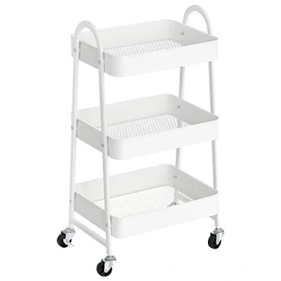 Abbildung von SONGMICS Rollwagen mit 3 Ebenen, Servierwagen aus Metall, Küchenwagen, Küchenregal Griffen, 2 Bremsen, einfacher Aufbau, für Malutensilien, Schlafzimmer, Waschküche, weiß BSC068W01