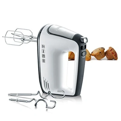 Abbildung von SEVERIN Handmixer, Handrührgerät mit 5 Geschwindigkeitsstufen, praktischer Handrührer 2 Edelstahl Rührbesen und Knethaken, 400 W, weiß schwarz / Edelstahl, HM 3830