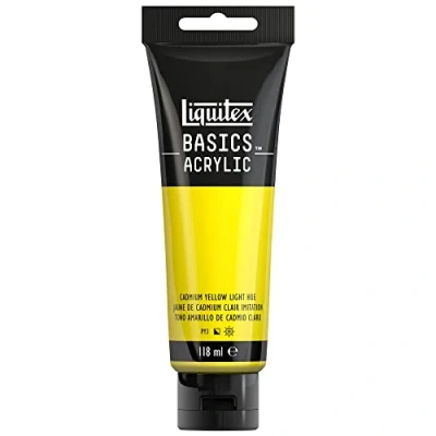 Abbildung von Liquitex 8870016 Basics Acrylfarbe, monopigmentierte Künstlerpigmente, lichtecht, mittlere Viskosität, Archivqualität, seidenglänzender Finish, 118ml Tube Kadmiumgelb Hell Farbton