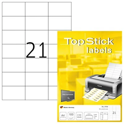 Abbildung von TopStick 8708 Adressetiketten, 100 Blatt, 70 x 42,3 mm, 21 pro A4 Bogen, 2100 Stück, selbstklebend, bedruckbar, matt, blanko Papier Adressaufkleber Etiketten, weiß