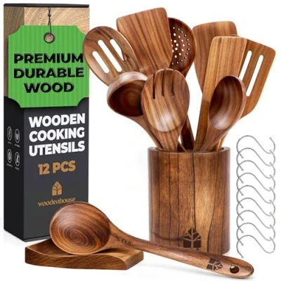 Abbildung von Holzkochlöffel Set 12 teiliges Kochlöffel Holz aus Teakholz mit Halter, Löffelablage &amp; Häkchen Holzlöffel, Pfannenwender Holz, robust antihaftend von Woodenhouse