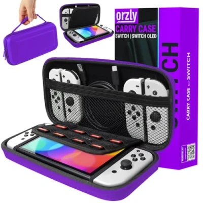 Abbildung von Orzly Tragetasche kompatibel mit Nintendo Switch Aufbewahrungstasche / Hartschalen Case Cover Hülle Schutzhülle für die Verwendung der Konsole &amp; Accesoires in LILA