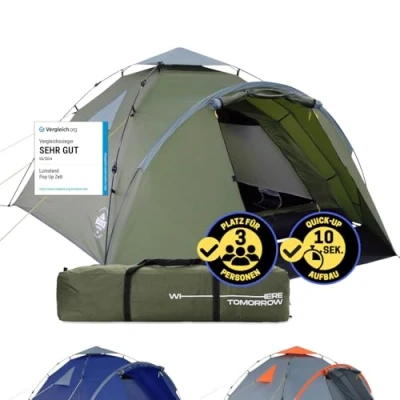 Abbildung von Lumaland Pop Up Zelt 3 4 Personen Familienzelt Wurfzelt Innenmaße 210x210x120 cm Wasserdicht &amp; Windfest Ideal als Camping, Festival Reise Ultraleicht Robust [Grün]
