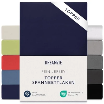 Abbildung von Dreamzie Premium Topper Spannbettlaken 140x200 cm 160x200 extra niedriger Seitenhöhe für Topperauflage Spannbetttuch Jersey Baumwolle, 150 g/m² Oeko TEX Dunkelblau