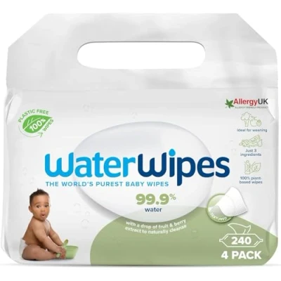 Abbildung von WaterWipes plastikfreie, texturierte Reinigungstücher für Kleinkinder &amp; Babys, 240 Stück (4 Packungen), 99,9 % wasserbasierte Reinigungstücher, unparfümiert empfindliche Haut