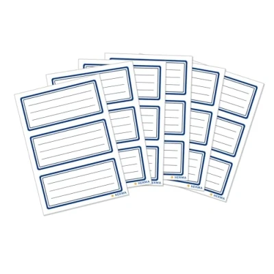 Abbildung von HERMA 5798 Buchetiketten zum Beschriften neutral blauer Rand, 18 Stück, 76 x 35 mm, selbstklebend, liniert, Buchaufkleber für Schule Kinder Mädchen Jungen, blanko Heftetiketten Aufkleber, weiß