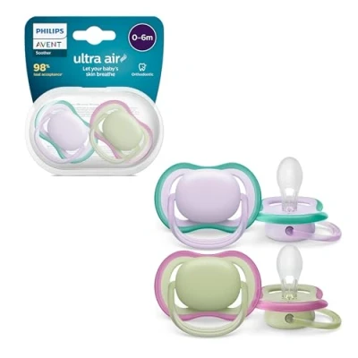 Abbildung von Philips Avent ultra air Schnuller Leichte, atmungsaktive für Babys im Alter von 06 Monaten, BPA frei mit Transportbehälter als Sterilisator, 2er Pack, Modell SCF085/24