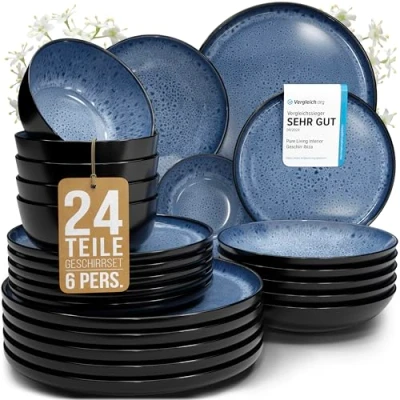 Abbildung von Steingut Geschirrset 6 Pers. Ibiza 24 tlg Hochwertiges Mediterranes TEST SEHR GUT Geschirr Set Schüssel und Teller Tafelservice Personen Geschirrsets Pure Living in Tiefblau