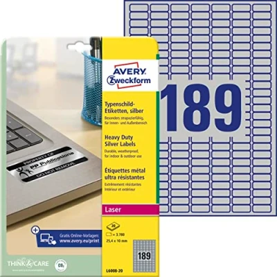 Abbildung von AVERY Zweckform L6008 20 Typenschild Folienetiketten (3.780 Aufkleber, 25,4x10mm auf A4, stark selbstklebend, strapazierfähig, wetterfest, bedruckbare Klebefolie, blanko) Blatt, silber