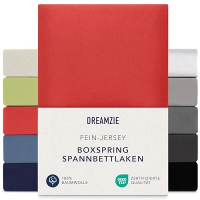Abbildung von Dreamzie Premium Spannbettlaken 90x200 cm 100x200 37cm Seitenhöhe auch für Boxspringbett &amp; Wasserbett Bettlaken 100% Jersey Baumwolle, 150 g/m² Oeko TEX Rot