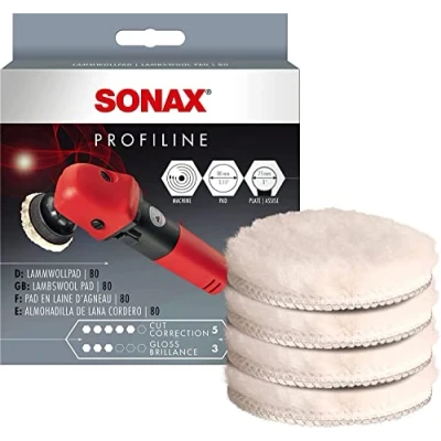 Abbildung von SONAX LammwollPad 80 mm (4 Stück) dichtes, hochwertiges Pad aus Naturwolle zum maschinellen Polieren von Lacken Art Nr. 04941410