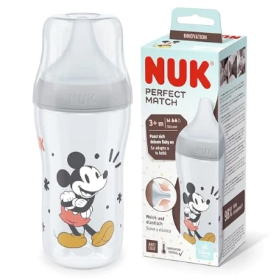 Abbildung von NUK Perfect Match Babyflasche Ab 3 Monate Passt sich dem Baby an Temperature Control Anti Colic 260 ml BPA frei Silikontrinksauger, Medium Disneys Micky Maus [grau]