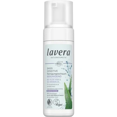Abbildung von lavera basis sensitiv Reinigungsschaum Naturkosmetik vegan Bio Aloe Vera und Mandelöl Gesichtsreinigung Natürliche Reinigungsformel 1 x 150 ml