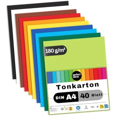 Abbildung von perfect ideaz 50 Blatt Tonkarton DIN A4, 10 Farben, 210g /m², made in Germany, Blauer Engel zertifiziert