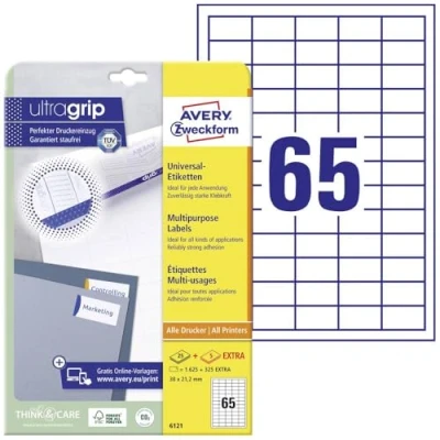 Abbildung von AVERY Zweckform 6121 Universal Etiketten (1.625 plus 325 Klebeetiketten extra, 38x21,2mm auf A4, Papier matt, individuell bedruckbar, selbstklebende Aufkleber mit ultragrip) 30 Blatt, weiß