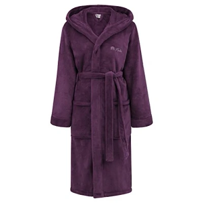 Abbildung von Di Vadini Unisex Herren Damen Bademantel Florenz mit Kapuze I Morgenmantel flauschig Nachtwäsche aus edler Mikrofaser Farbe: Plum Gr. XXS