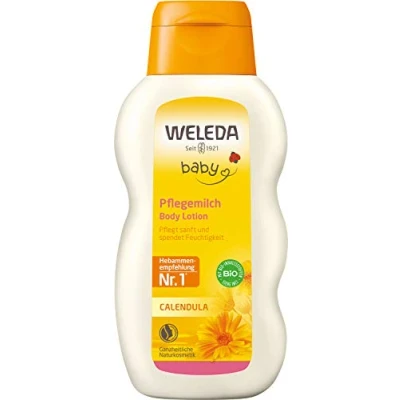 Abbildung von WELEDA Bio Baby Calendula Pflegemilch Naturkosmetik Bodylotion mit Mandelöl &amp; Bienenwachs zur Pflege Reinigung von trockener Haut. Milde Hautpflege Lotion für Babys und Kinder (1x 200ml)