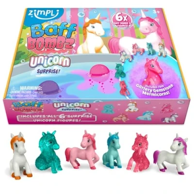 Abbildung von Zimpli Kids 6 große Einhorn Überraschungs Badebomben, Spielzeuge im Inneren! Kindergeburtstagsgeschenke, Badespielzeug für Jungen und Mädchen