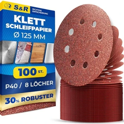 Abbildung von S&amp;R Klett Schleifpapier Set 125 mm, Meister, 8 Löcher, 100 St. in Körnung P40, Schleifblätter, Schleifscheiben für Exzenterschleifer, Klettschleifpapier, zuverlässige Haftung am Schleifteller